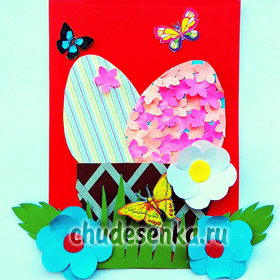 Пасхальная открытка с яйцами в корзинке